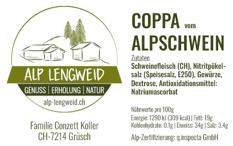 Etikette und Inhaltsangaben zum Coppa vom Alpschwein der Alp Lengweid in Grüsch (Graubünden)