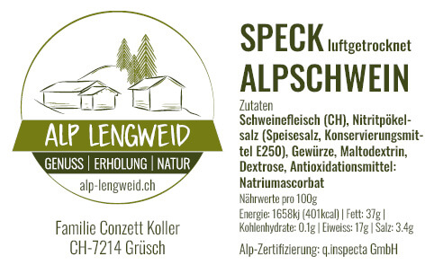 Etikette und Inhaltsangaben zum Speck luftgetrocknet vom Alpschwein der Alp Lengweid in Grüsch (Graubünden)
